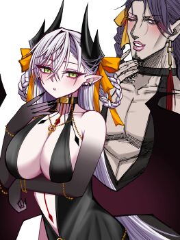 1boy 1girl bat_wings bb_(fate) bb_dubai_(fate) bb_dubai_(fate)_(cosplay) black_dress blush bracelet breasts chest_tattoo cosplay crossdressing crossdressing_(mtf) demon_horns dress duryodhana_(fate) earrings fate/grand_order fate_(series) green_eyes highres horns jewelry large_breasts lilith_(fate) lipstick long_hair looking_at_viewer makeup mcpc_zamurai neck_tattoo necklace one_eye_closed pointy_ears purple_hair tattoo white_hair wings