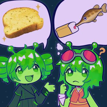 2girls :d ? ?? ahoge alien alternate_hair_color alternate_skin_color animated animated_gif antennae bread buttons chibi collar colored_skin commentary detached_collar double-breasted drill_hair english_commentary food frown gar_(fish) garlic_bread gnarpane_teto goggles goggles_on_head green_eyes green_hair green_skin green_trim grey_jacket grey_skirt gumi hand_up high_collar highres jacket kasane_teto kasane_teto_(sv) lapels licking loaf_of_bread long_sleeves looping_animation medium_hair multiple_girls open_mouth orange_skirt orange_vest red_goggles sidelocks skirt sleeve_cuffs smile space speech_bubble spoken_object sporebug star_(sky) synthesizer_v talking thought_bubble twin_drills utau vest vocaloid white_collar white_wrist_cuffs wrist_cuffs