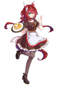 Rule 34 | 1girl, absurdres, animal ears, apron, blush, breasts, brown pantyhose, brown shirt, brown skirt, coco's, commentary request, ear covers, ear ornament, feather hair ornament, feathers, food, full body, green eyes, hair between eyes, hair ornament, highres, holding, holding tray, horse ears, horse girl, horse tail, long hair, looking at viewer, low twintails, mugi mg317, one eye closed, open mouth, pancake, pancake stack, pantyhose, red hair, shirt, shoes, simple background, skirt, smile, solo, standing, standing on one leg, tail, tray, twintails, umamusume, waist apron, white apron, white background, white wrist cuffs, win variation (umamusume), wrist cuffs