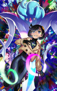 1girl black_bodysuit black_gloves black_hair bodysuit bodysuit_under_clothes brown_jacket commentary_request emma_(pokemon) eyelashes gen_6_pokemon gloves glowing grin hair_ornament hand_up jacket long_sleeves malamar mega_malamar nintendo pokemon pokemon_(creature) pokemon_legends:_z-a short_hair smile teeth wtn_(dfrt3423)