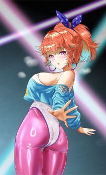 1girl :o ar-khey ass bare_shoulders blue_ribbon blue_sweater blush breasts colored_inner_hair crop_top crop_top_overhang cropped_sweater curvy earrings flipped_hair green_hair hair_ribbon highleg highleg_leotard highres hololive hololive_english hoop_earrings jewelry large_breasts laser leggings leotard long_sleeves looking_at_viewer looking_back multicolored_hair off-shoulder_sweater off_shoulder official_alternate_costume orange_hair outstretched_arms pantyhose pink_nails pink_pantyhose ponytail purple_eyes reflective_clothes ribbon short_hair solo sweat sweater takanashi_kiara takanashi_kiara_(fever_night) thick_thighs thighs virtual_youtuber white_leotard