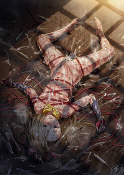 1girl after_rape aftersex ajula_wachula barefoot breasts brown_eyes brown_hair bruise clenched_teeth commission cum cum_on_body cum_on_hair cuts dirty drugged empty_eyes fingerless_gloves fujibayashi_suzu gloves highres injury nipples ponytail rope rope_marks scarf shibari skeb_commission small_breasts solo syringe tales_of_(series) tales_of_phantasia teeth torn_clothes yellow_scarf