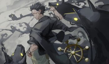 1boy alternate_form black_hair black_nails cowboy_shot dog extra_eyes facial_tattoo fushiguro_megumi glowing glowing_eyes grin jujutsu_kaisen kakapyramid male_focus possessed ryoumen_sukuna_(jujutsu_kaisen) shadow short_hair smile solo spiked_hair tattoo wheel_of_dharma wolf yellow_eyes