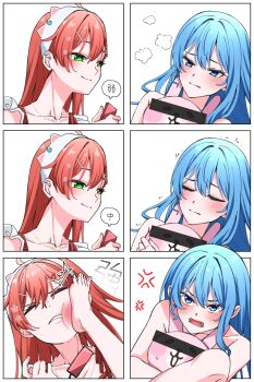 2girls anger_vein barefoot blue_eyes blue_hair blush breath censored censored_identity closed_eyes closed_mouth commentary foot_on_another's_face green_eyes highres hololive hoshimachi_suisei kurokawa_rikuu long_hair looking_at_another multiple_girls open_mouth red_hair remote_control_vibrator sakura_miko sex_toy symbol-only_commentary toes trembling vibrator virtual_youtuber yuri