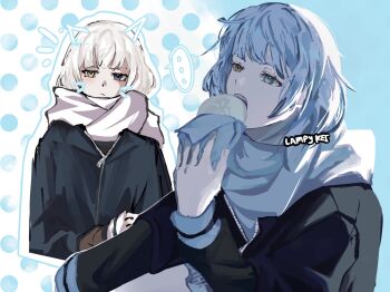 ... 1girl :&lt; artist_name bang_dream! bang_dream!_it&#039;s_mygo!!!!! steamed_bun black_jacket blue_eyes closed_mouth commentary drawn_ears drawn_whiskers eating food hanasakigawa_school_uniform heterochromia highres holding holding_food jacket kaname_raana lampy_uikoko long_sleeves multiple_views open_mouth outline scarf school_uniform short_hair spoken_ellipsis white_hair white_outline white_scarf winter_clothes yellow_eyes