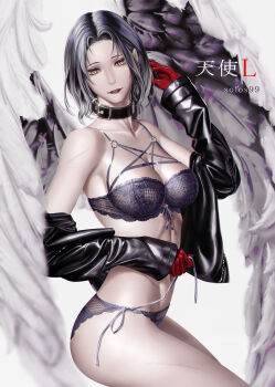 Rule 34 | 1girl, angell (path to nowhere), black collar, black hair, black jacket, black lips, bra, collar, gloves, grey bra, grey panties, highres, inverted pentagram, jacket, middle part, multiple scars, o-ring, o-ring bra, panties, path to nowhere, red gloves, scar, scar on arm, scar on chest, scar on leg, scar on stomach, sofos99, underwear, undressing, wings