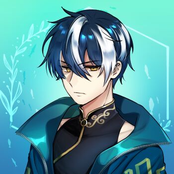 1boy black_shirt blue_background blue_hair blue_jacket closed_mouth commentary double-parted_bangs english_commentary hair_between_eyes highres jacket looking_at_viewer male_focus multicolored_hair open_clothes open_jacket original ryuuxin serious shirt short_hair solo streaked_hair upper_body white_streaks yellow_eyes zipper