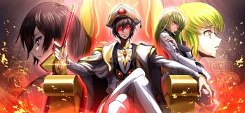 1boy 1girl black_hair bodysuit c.c. code_geass code_geass:_lost_stories commentary_request f4samurai from_side geass green_hair hat head_tilt hetero highres lelouch_vi_britannia long_hair official_art purple_eyes short_hair simple_background smile straitjacket very_long_hair white_bodysuit white_hat yellow_eyes