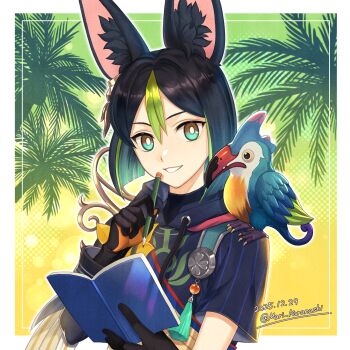 1boy animal animal_ear_fluff animal_ears animal_on_shoulder asymmetrical_sleeves bird black_gloves black_hair book brown_eyes commentary_request dated drawstring fox_boy fox_ears genshin_impact gloves green_eyes green_streaks hair_between_eyes highres holding holding_book holding_pencil hood hood_down karanashi_mari looking_at_viewer male_focus medium_hair multicolored_eyes multicolored_hair notebook pencil solo streaked_hair tassel tighnari_(genshin_impact) twitter_username two-tone_eyes uneven_sleeves upper_body