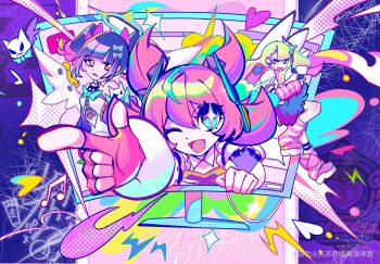 Rule 34 | 3girls, :d, absurdres, angels of delusion, aqua streaks, aria (zenless zone zero), arm warmers, bare shoulders, black hair, black skirt, blue eyes, bow, chinese commentary, commentary request, fingerless gloves, fur-trimmed skirt, fur trim, gloves, green bow, green hair, green halo, hair between eyes, halo, highres, leg warmers, long hair, mechanical ears, multiple girls, musical note, nangong yu, necktie, one eye closed, open mouth, orange eyes, pink arm warmers, pink bag, pink gloves, pink hair, pink leg warmers, red necktie, short twintails, skirt, smile, sparkling eyes, striped arm warmers, striped leg warmers, sunna (zenless zone zero), susuxianghehuangyoupijiu, twintails, white wings, winged bag, wings, zenless zone zero