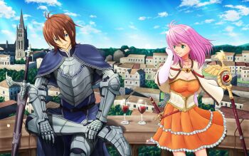 Rule 34 | 1990s (style), 1boy, 1girl, adjusting hair, alcohol, armor, belt, blue eyes, breastplate, brown hair, bartz klauser, cape, city, cloak, cloud, cup, dress, drinking glass, final fantasy, final fantasy v, gauntlets, highres, leg armor, lenna charlotte tycoon, marco rosso, pink hair, sheath, short hair, sitting, sky, staff, sword, vambraces, weapon, wine, wine glass