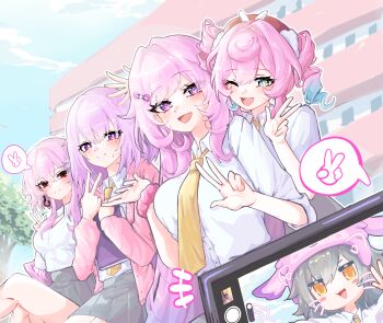 4girls :3 absurdres aqua_eyes aqua_hair blue_sky breasts brown_skirt castorice_(honkai:_star_rail) cellphone commentary crossed_legs cyrene_(demiurge)_(honkai:_star_rail) cyrene_(honkai:_star_rail) diamond-shaped_pupils diamond_(shape) english_commentary evernight_(honkai:_star_rail) hello_mem_world!_(honkai:_star_rail) highres honkai:_star_rail honkai_(series) hyacine_(honkai:_star_rail) large_breasts little_ica_(honkai:_star_rail) long_hair looking_at_viewer maengkkong-i march_7th_(honkai:_star_rail) medium_breasts medium_hair multicolored_hair multiple_girls necktie phone pink_hair purple_eyes purple_hair red_eyes school school_uniform shirt sitting skirt sky smartphone smile stelle_(honkai:_star_rail) symbol-shaped_pupils trailblazer_(honkai:_star_rail) tree twintails two-tone_hair v very_long_hair w white_shirt yellow_necktie