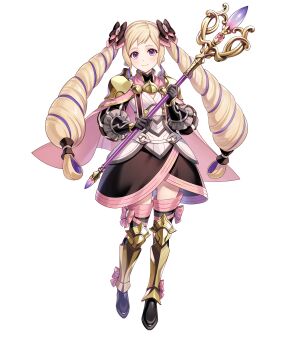 1girl armor armored_boots armored_dress black_boots black_dress black_gloves blonde_hair blush boots bow cape closed_mouth dress drill_hair elise_(fire_emblem) elise_(sincere_sister)_(fire_emblem) fire_emblem fire_emblem_fates fire_emblem_heroes full_body gloves hair_bow highres holding holding_staff long_hair looking_at_viewer mage_staff michi_(iawei) multicolored_hair nintendo non-web_source official_alternate_costume official_art pink_cape purple_eyes purple_hair simple_background smile solo staff tachi-e thigh_boots twin_drills twintails