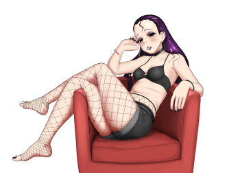 Rule 34 | 1girl, absurdres, armpit crease, bags under eyes, belly, black bra, black choker, black eyes, black nails, black shorts, bra, bracelet, breasts, chair, choker, cleavage, collarbone, commentary, crossed legs, death by lolis, deko (death by lolis), ear piercing, earclip, earrings, english commentary, eyeshadow, forehead, full body, highres, hoop earrings, jewelry, large variant set, long hair, makeup, nail polish, navel, no shirt, original, parted lips, photo-referenced, piercing, purple eyeshadow, purple hair, purple lips, short shorts, shorts, simple background, sitting, small breasts, solo, toenail polish, toenails, toes, underwear, variant set, white background