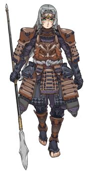 Rule 34 | armor, feet, green eyes, looking at viewer, nezunezu, polearm, silver hair, simple background, toes, warrior, weapon