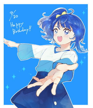 Rule 34 | 1girl, blue eyes, blue hair, blue shirt, blue skirt, blue theme, bow, casual, commentary, cowboy shot, cut bangs, dated, english text, foreshortening, hair bow, happy birthday, highres, hirogaru sky! precure, long sleeves, looking at viewer, medium hair, miniskirt, open mouth, outline, pleated skirt, precure, reaching, reaching towards viewer, shirt, side ponytail, single sidelock, skirt, smile, solo, sora harewataru, sorashinakei k, standing, t-shirt, two-tone shirt, white outline, white shirt, yellow bow