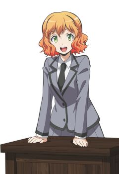 1girl :d anime_coloring ansatsu_kyoushitsu black_necktie breasts collared_shirt cowboy_shot green_eyes grey_skirt hair_between_eyes hands_on_table higami_aya highres kunugigaoka_middle_school_uniform kurahashi_hinano long_sleeves looking_at_viewer medium_breasts necktie official_art open_mouth orange_hair school_uniform shirt simple_background skirt smile solo standing table tachi-e teeth transparent_background upper_teeth_only wavy_hair white_shirt wooden_table