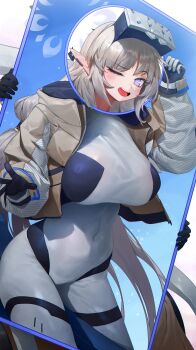 1girl absurdres blue_archive blush bodysuit breasts brown_jacket character_cutout commentary_request covered_groin covered_navel grey_hair halo headgear highres himari_(armed)_(blue_archive) himari_(blue_archive) holding_cardboard_cutout jacket large_breasts long_hair mole mole_under_eye onbawa one_eye_closed open_clothes open_jacket open_mouth pointy_ears purple_eyes smile solo white_bodysuit white_halo