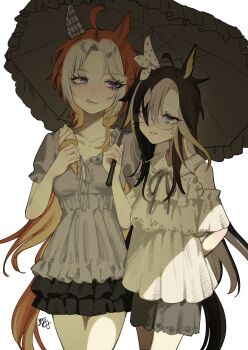 2girls ahoge animal_ears black_skirt blue_eyes brown_hair clothing_cutout colored_bangs commentary_request cowboy_shot dream_journey_(umamusume) food gaco_(goodby_larva) highres horse_ears horse_girl horse_tail ice_cream long_hair multiple_girls orange_hair orfevre_(umamusume) purple_eyes rimless_eyewear shirt short_sleeves shoulder_cutout siblings simple_background sisters skirt smile tail umamusume white_background white_shirt