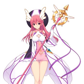 1girl breasts brown_eyes cleavage cleavage_cutout closed_mouth clothing_cutout detached_sleeves dress en_ciel_rena en_ciel_rena_(magius) game_cg gloves hair_between_eyes hat holding holding_staff kourin_tenshi_en_ciel_rena large_variant_set long_hair long_sleeves looking_at_viewer magical_girl medium_breasts miniskirt non-web_source official_art pink_hair red_eyes saitou_natsuki short_dress skirt solo staff standing suhamaya tachi-e thigh_gap tomoe_rena transparent_background variant_set white_gloves wide_sleeves