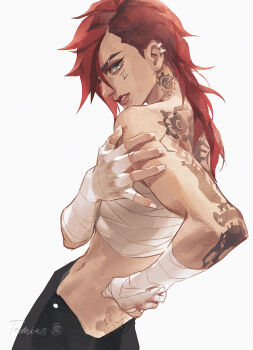 1girl arcane:_league_of_legends arcane_vi arm_tattoo artist_name asymmetrical_hair back_tattoo bandaged_chest blue_eyes earrings eyebrow_cut facial_tattoo highres jewelry league_of_legends looking_at_viewer medium_hair neck_tattoo pants red_hair sidecut tattoo toned undercut vi_(league_of_legends) wrist_wrap yeshuhang92