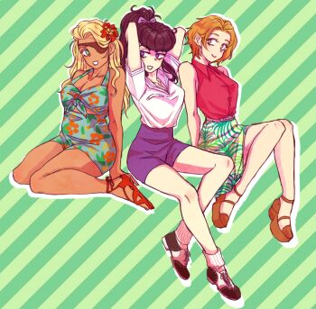 3girls arms_up black_hair bleach blonde_hair borrowed_character bow breasts collarbone crossover dark-skinned_female dark_skin diamond_wa_kudakenai eyepatch floral_print flower front-tie_top genderswap genderswap_(mtf) green_eyes hair_bow hair_flower hair_ornament higashikata_josuke jojo_no_kimyou_na_bouken kurosaki_masaki large_breasts multiple_girls orange_hair original plump pompadour ponytail purple_eyes purple_skirt sandals shirt short_hair sitting skirt sleeveless sleeveless_shirt smile striped_background wallfloristry wariza