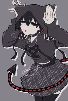 1girl \||/ animal_ear_hood belt belt_buckle black_belt black_choker black_eyes black_hair black_hoodie black_skirt black_thighhighs bob_cut breasts buckle chain chain_necklace choker closed_mouth clothing_cutout colored_inner_hair commentary cowboy_shot cropped_hoodie demon_tail drawstring drop_shadow empty_eyes eyelashes eyeliner fake_animal_ears goth_fashion grey_background hair_between_eyes hands_up highres hood hood_up hoodie jewelry lace-up light_smile looking_at_viewer looking_to_the_side makeup midriff_peek monogatari_(series) monogatari_series_shibuya109_collaboration multicolored_hair multiple_necklaces narrowed_eyes necklace oshino_ougi pale_skin plaid_clothes plaid_skirt pleated_skirt rabbit_pose red_eyeliner red_hair sennichikou/sagisou short_hair shoulder_cutout simple_background skirt small_breasts smile solo standing tail tail_strap thighhighs tongue tongue_out two-tone_hair wallet_chain