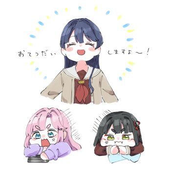 Rule 34 | 3:, 3girls, :d, :i, ^ ^, anger vein, anyoji hime, anyoji hime (winter loungewear), blue hair, blush, blush stickers, brown dress, closed eyes, closed mouth, dress, hair intakes, half updo, happy aura, hasu no sora school uniform, highres, link! like! love live!, long sleeves, love live!, momose ginko, moso (expect66), motion lines, multiple girls, murano sayaka, neckerchief, open mouth, pink hair, pout, purple shirt, red neckerchief, sailor collar, sailor dress, school uniform, shirt, short eyebrows, sidelocks, smile, speed lines, thick eyebrows, v-shaped eyebrows, virtual youtuber, white sailor collar, winter uniform