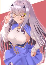 Rule 34 | 1girl, absurdres, blue dress, blush, breasts, dress, fate/grand order, fate (series), forked eyebrows, glasses, highres, long hair, long sleeves, looking at viewer, medium breasts, melusine (fate), melusine (second ascension) (fate), raji (largesaint2210), round eyewear, sidelocks, smile, solo, sparkle, sparkling eyes, white hair, yellow eyes