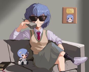 1girl american_psycho armrest artist_name ayanami_rei bible_(object) black_socks blue_hair blush bodysuit book bookmark breasts brown_sweater_vest cellphone character_doll closed_mouth couch crossed_legs doll dress_shirt elbow_rest expressionless facing_viewer foot_out_of_frame grey_skirt hair_between_eyes holding holding_phone indoors interface_headset_(evangelion) living_room long_sleeves mecha_pilot_suit medium_breasts meme monky_sm motorola_dynatac movie_reference necktie neon_genesis_evangelion oekaki on_couch parody phone pixel_art plaque plugsuit_(evangelion) red_necktie rei_chikita scene_reference school_uniform shadow shirt shoes short_hair sitting skirt smile smug socks solo sunglasses sweater_vest talking_on_phone twitter_username white_bodysuit white_shirt white_shoes