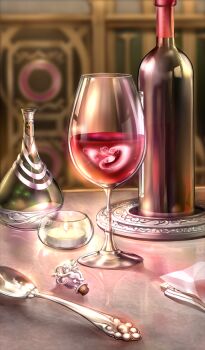 alcohol blurry blurry_background bottle candle commentary cork cup drink drinking_glass fate/grand_order fate_(series) fire food_focus glass_bottle indoors no_humans official_art reflective_table scenery spoon still_life tatsuyo third-party_source wine wine_bottle wine_glass