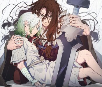 2boys aam09212 aged_down bandaged_arm bandages belt blood blood_on_face brown_eyes brown_hair closed_eyes closed_mouth commentary_request dr._stone facial_mark fur_trim gradient_hair greatsword green_hair hand_on_another's_shoulder highres holding holding_sword holding_weapon injury ishigami_senkuu long_hair male_focus medium_hair multicolored_hair multiple_boys planted planted_sword planted_weapon protecting rain shishiou_tsukasa short_sleeves sitting sword torn_clothes torn_sleeves weapon white_background white_hair yaoi