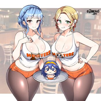 2girls alternate_costume artist_name blonde_hair blue_eyes blue_nails brand_of_the_exalt breasts character_doll cleavage clothes_lift crop_top doll dolphin_shorts fire_emblem fire_emblem:_three_houses fire_emblem_awakening green_eyes grey_eyes hand_on_own_chest hand_on_own_hip highres holding holding_tray hooters ingrid_brandl_galatea ingrid_brandl_galatea_(timeskip) jarckius large_breasts long_hair looking_at_viewer lucina_(fire_emblem) marianne_von_edmund marianne_von_edmund_(timeskip) midriff multiple_girls nail_polish navel nintendo orange_nails orange_shorts pantyhose pantyhose_under_shorts raised_eyebrow shirt_lift short_hair shorts smile teeth tiara tray waitress