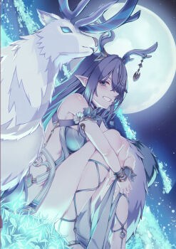 1girl absurdres animal antlers armlet bracelet breasts commentary_request dress fall4592 full_moon genshin_impact green_dress green_eyes hair_over_one_eye highres horns jewelry large_breasts lauma_(genshin_impact) long_hair looking_at_viewer moon night open_mouth outdoors pointy_ears reindeer reindeer_antlers sitting smile very_long_hair