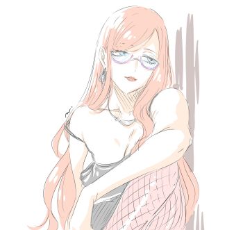 1girl bare_arms bare_shoulders black_camisole breasts camisole cleavage closed_mouth collarbone glasses green_eyes highres large_breasts long_hair mitsugu off_shoulder red_hair simple_background sketch sleeveless solo spaghetti_strap spy_x_family strap_slip sylvia_sherwood thighhighs white_background