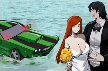 1boy 1girl ben_10 ben_10:_alien_force ben_10:_ultimate_alien black_hair blush breasts car couple dress formal_clothes gwen_tennyson highres kevin_levin kurenaiz_(kuayrenaiz) large_breasts meme motor_vehicle red_hair sports_car suit water wedding_dress