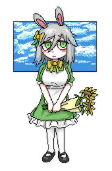 Rule 34 | 1girl, animal ears, apron, black shoes, bouquet, bow, bowtie, breasts, closed mouth, dress, expressionless, flower, frilled dress, frills, full body, green dress, green eyes, grey hair, hair bow, highres, holding, holding bouquet, large breasts, looking at viewer, mentha (menthalovely), mint (menthalovely), original, pixel art, rabbit ears, shoes, sky, solo, thighhighs, white background, white thighhighs, yellow bow, yellow bowtie