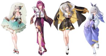 4girls absurdres adapted_costume alternate_costume alternate_hairstyle arm_under_breasts arms_behind_head bare_legs bare_shoulders black_hairband black_robe black_shoes black_skirt blush breasts cleavage closed_mouth collarbone commentary_request cropped_shirt crossed_bangs curtsey detached_sleeves eyewear_on_head firefly_(honkai:_star_rail) floral_print fold-over_collar full_body gloves gradient_hair green_skirt grey_hair hair_between_eyes hair_ornament hairband hairclip hanbok hand_fan hand_on_own_arm hand_up head_tilt highres holding holding_fan honkai:_star_rail honkai_(series) kafka_(honkai:_star_rail) kebi_(soo_owl) korean_clothes large_breasts legs light_smile long_hair long_sleeves looking_at_viewer midriff multicolored_hair multiple_girls purple_eyes purple_gloves purple_hair purple_shoes robe round_eyewear shoes silver_wolf_(honkai:_star_rail) simple_background skindentation skirt smile socks standing stelle_(honkai:_star_rail) tassel thigh_strap tinted_eyewear trailblazer_(honkai:_star_rail) twitter_username white_background white_socks wide_sleeves yellow_eyes