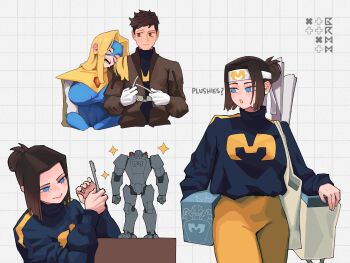 1boy 1girl absurdres armor artist_logo bag black_hoodie blonde_blazer blue_eyes blue_gloves blue_mask bodysuit box brown_eyes brown_hair closed_eyes dispatch domino_mask english_text eye_mask gem gloves grid_background grmm hair_bun headband highres hood hoodie jacket logo long_hair mandy_(dispatch) mask mecha_pilot_suit model_kit pants pauldrons red_gemstone robert_robertson saliva shopping shopping_bag shoulder_armor sleeping sleeping_on_person sparkle white_background white_gloves yellow_pants