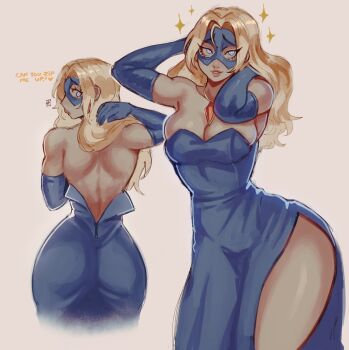 1girl absurdres armpits back back_muscles blonde_blazer blonde_hair blue_dress blue_eyes blue_gloves blue_mask breasts cleavage commentary dispatch dress elbow_gloves english_commentary english_text eyelashes gem gloves highres jewelry large_breasts lips long_hair looking_back necklace parted_bangs side_slit sparkle thighs white_background widisu zipper zipper_dress