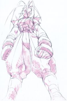 1girl antenna_hair armor bandana black_hair breasts clenched_hands clothing_cutout concept_art dougi from_below game_cg gloves hair_pulled_back high_ponytail highres hip_vent ibuki_(street_fighter) japanese_armor kote long_hair looking_down mask mouth_mask muscular muscular_female ninja ninja_mask nishimura_kinu non-web_source official_art ponytail solo street_fighter street_fighter_iii_(series) wrist_wrap