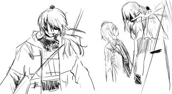 Rule 34 | 1boy, 1girl, a certain sinclair (project moon), absurdres, aged up, animal, animal on head, arms at sides, bird, bird on head, blood, blood on face, closed mouth, coat, collared shirt, don quixote (project moon), dress shirt, facing another, gloves, greyscale, hair over eyes, height difference, highres, jewelry, limbus company, load bearing vest, long hair, long sleeves, looking at another, low ponytail, monochrome, necklace, necktie, nugii, obscured, on head, open clothes, open coat, parted lips, ponytail, project moon, shirt, short hair, sinclair (project moon), sketch, smoke from mouth, sweatdrop, trench coat, turtleneck, turtleneck shirt, undershirt, white background, wide-eyed