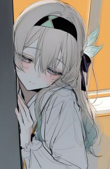 1girl black_hairband blush closed_mouth firefly_(honkai:_star_rail) grey_hair hair_between_eyes hair_intakes hair_ornament hair_ribbon hairband half-closed_eyes hand_on_wall highres honkai:_star_rail honkai_(series) long_sleeves looking_down multicolored_eyes multicolored_hair on_wall ribbon sangtutu shirt sketch white_shirt window