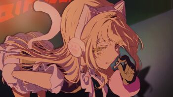 1girl absurdres animal_ear_headphones animal_ears bent_over black_gloves blonde_hair bow bowtie cat_ear_headphones cat_ears cat_tail commentary cowboy_shot fake_animal_ears gloves headphones headset highres home_room_nj ienaga_mugi long_hair looking_at_viewer nijisanji nijisanji_idol_uniform pom_pom_(clothes) skirt smile solo symbol-only_commentary tail virtual_youtuber white_skirt