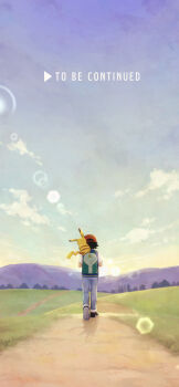 1boy absurdres ash_ketchum backpack bag black_footwear black_hair commentary_request day english_text from_behind gen_1_pokemon grass grey_pants hat highres kaneko_yoi lens_flare male_focus nintendo outdoors pants path pikachu pokemon pokemon_(anime) red_headwear road shirt shoes short_hair short_sleeves sky walking white_shirt