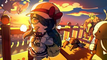 1girl apron bag black_hair black_skirt bow bowtie center_frills character_request cloud commentary_request dusk elbow_gloves frills glasses gloves hair_over_one_eye hat highres indie_virtual_youtuber itou_life_(vtuber) long_hair nintendo orange_eyes pokemon pokemon_(creature) purple_bow purple_bowtie shadow skirt sky sweat virtual_youtuber waist_apron whistle white_gloves white_hat wrbs