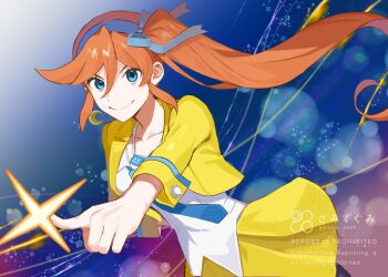 Rule 34 | 1girl, ace attorney, athena cykes, black pantyhose, blue bow, blue eyes, blue hairband, blue necktie, bow, bow hairband, closed mouth, commentary request, crescent, crescent earrings, cropped jacket, earrings, gumi (gelatin), hair bow, hairband, jacket, jewelry, long hair, looking at viewer, necklace, necktie, open clothes, open jacket, orange hair, pantyhose, pointing, shirt, side pov, single earring, skirt, smile, solo, very long hair, white shirt, yellow jacket, yellow skirt