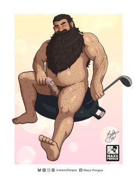 1boy bara beard belly blush brown_hair completely_nude dungeon_meshi dwarf erection facial_hair fat fat_man full_body hairy highres holding holding_ladle ladle loincloth long_beard looking_at_viewer male_focus maxxfergus merchandise_available muscular muscular_male mustache navel navel_hair nude penis senshi_(dungeon_meshi) sitting solo sparse_navel_hair thick_arm_hair thick_eyebrows thick_mustache thick_navel_hair uncensored very_hairy very_long_beard wok