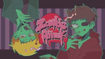 Rule 34 | 2boys, animification, antenna hair, black shirt, blonde hair, blood, blood on face, blood on hands, bright pupils, brown hair, colored eyelashes, colored skin, commentary request, drawstring, eddsworld, episode title, flipped hair, green jacket, green skin, grey eyes, hair behind ear, hair ears, hand up, hood, hood down, hoodie, jacket, letterboxed, licking lips, long sleeves, male focus, matt (eddsworld), missing eye, multiple boys, open clothes, open jacket, open mouth, prototype design, red hoodie, rotational symmetry, shinome (suieu), shirt, short hair, striped background, tongue, tongue out, tord (eddsworld), white pupils, zombie