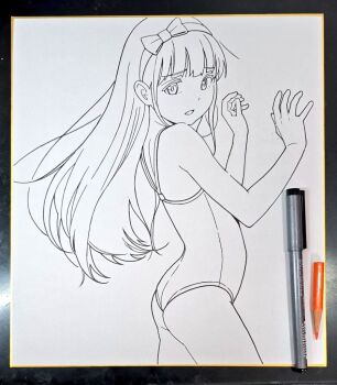 1girl art_tools_in_frame ass blunt_bangs bow competition_school_swimsuit cowboy_shot dot_nose from_side hair_bow hairband hands_up hashtag-only_commentary hiyori_mizuki long_hair looking_at_viewer looking_to_the_side marker_(medium) one-piece_swimsuit open_mouth original photo_(medium) school_swimsuit shikishi sidelocks simple_background solo swimsuit thighs traditional_media white_background